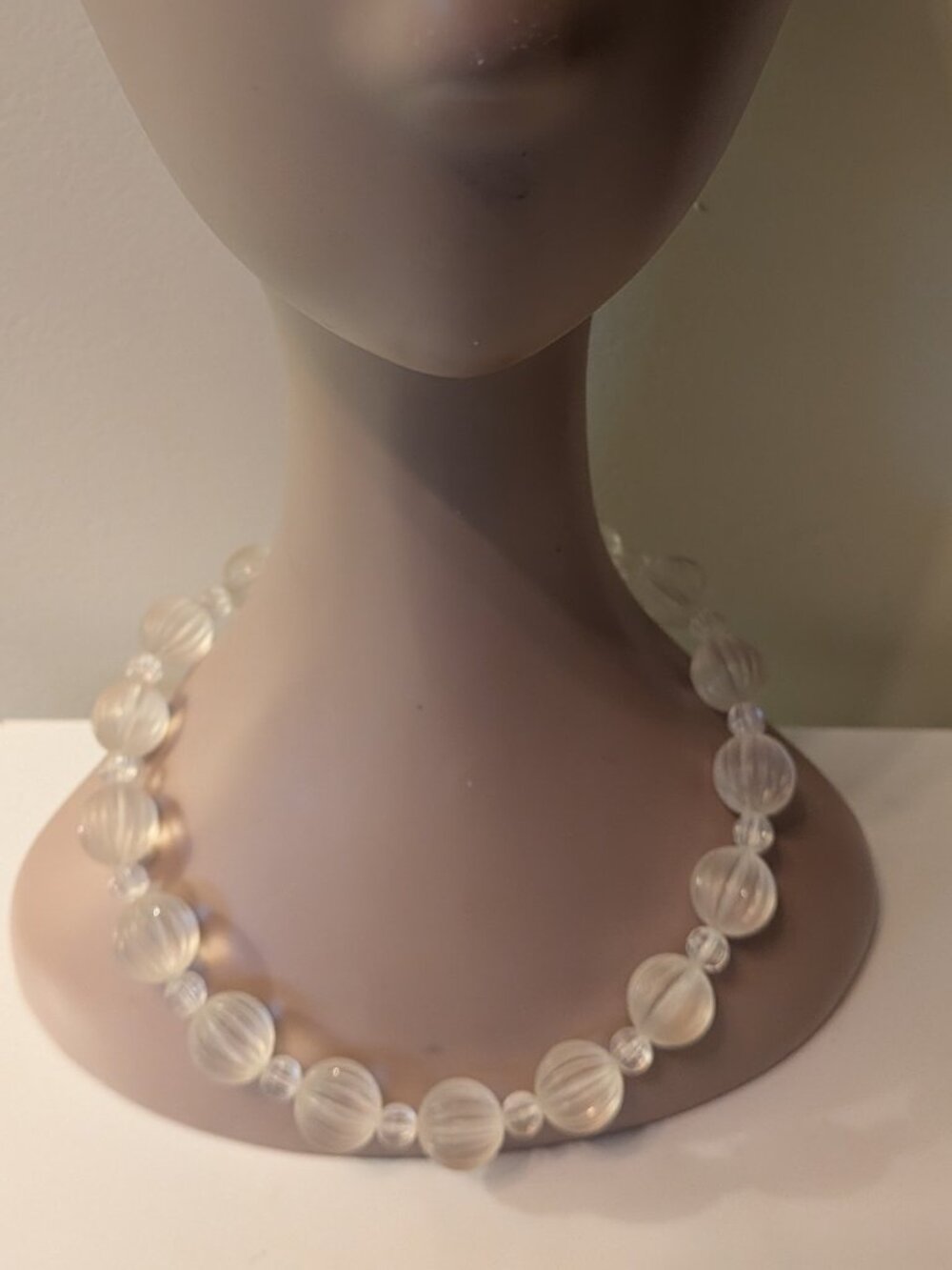 Monet Vintage 80s Carved Frosted Lucite Necklace Signed Chunky Beaded 18 inch